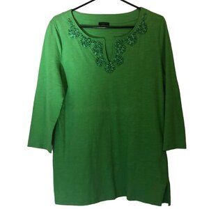 Talbots 3/4-sleeve tunic with ribbon/bead detail at neck sz M